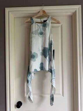 DKNY Pale Blue & White Watercolor Floral Draped Tank NEW